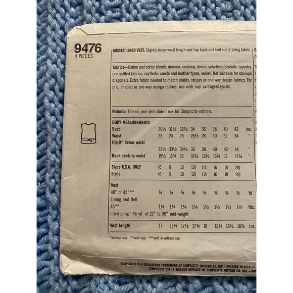 Simplicity sewing pattern 9476 vest 1980s - Picture 4 of 5